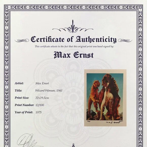 Max Ernst Hand Signed Print - Wizard Woman 12/100 - COA & +$3,500 USD Appraisal